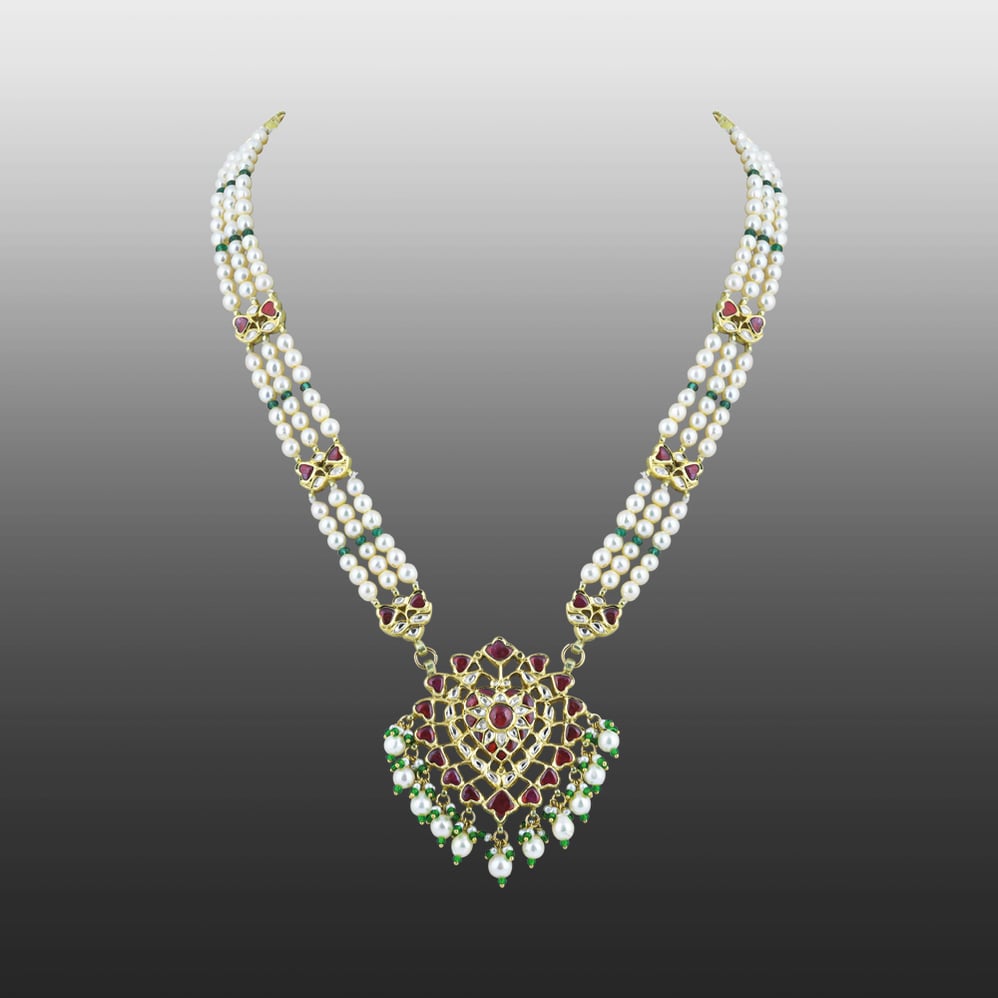 Pearl Pendant Necklace with Emerald Beads and Ruby Colour stones